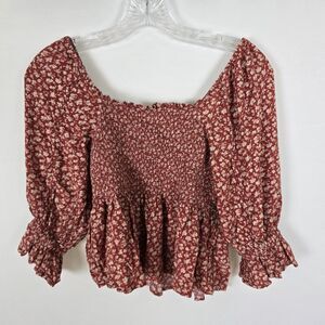 American Eagle Crop Top Women's XS Rust Red Shirred Floral Long Sleeve